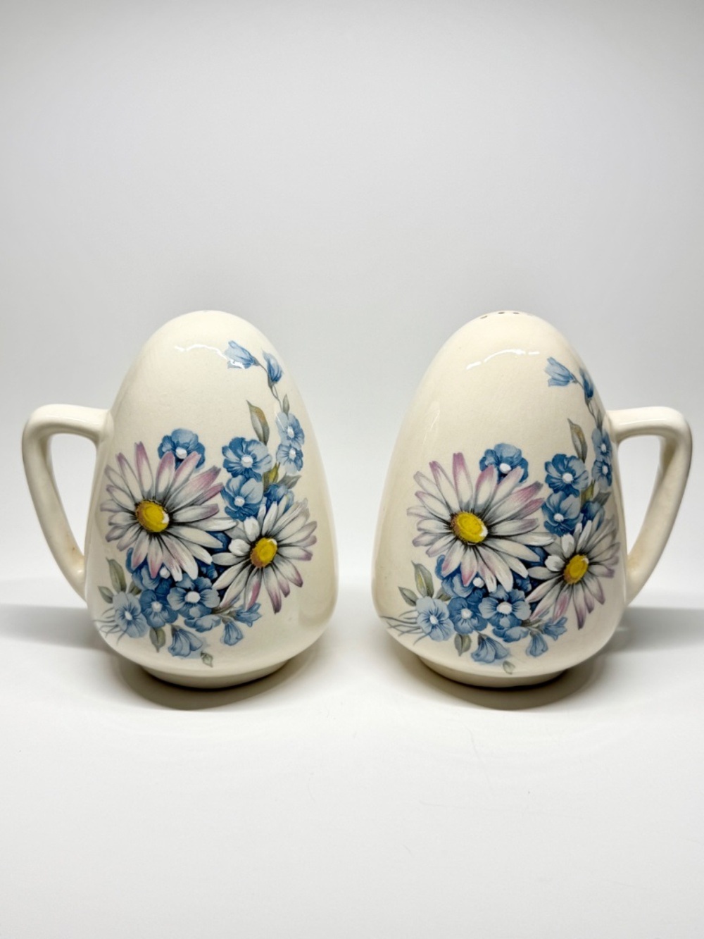 Vintage Oversized Salt & Pepper Shakers 4" Ivory MCM Floral Handles w/ Stoppers
